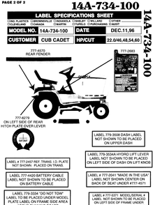 Labels Diagram and Parts List for 2284 864501-899000-145734100-146734100-14A734100 Cub Cadet Lawn Tractor